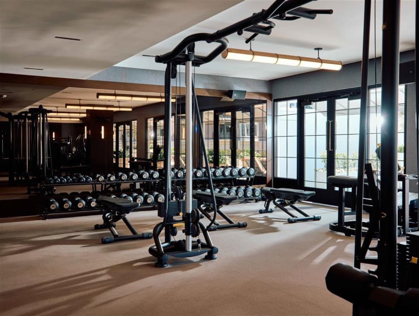 A quiet private training studio with dumbbells and floor-to-ceiling windows